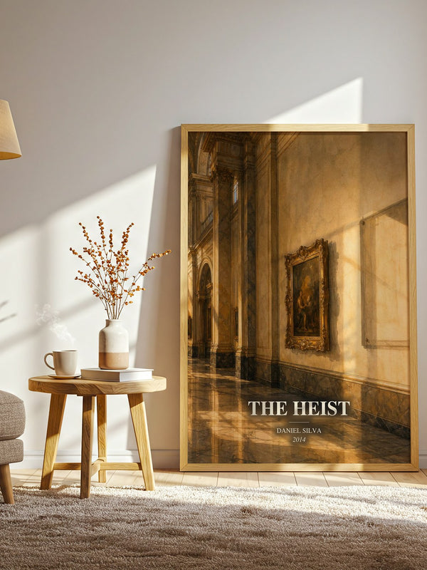 The Heist watercolour print in frame leaning in hallway – thriller wall art