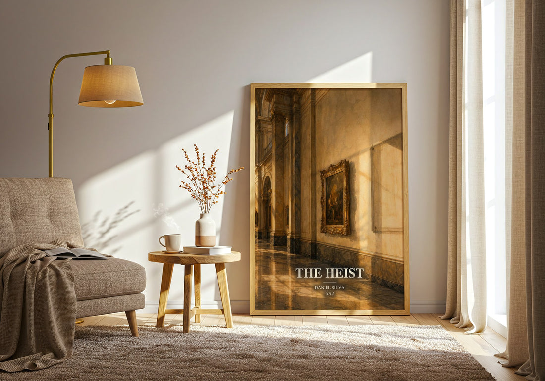 The Heist watercolour print in frame leaning in hallway – thriller wall art (mockup)