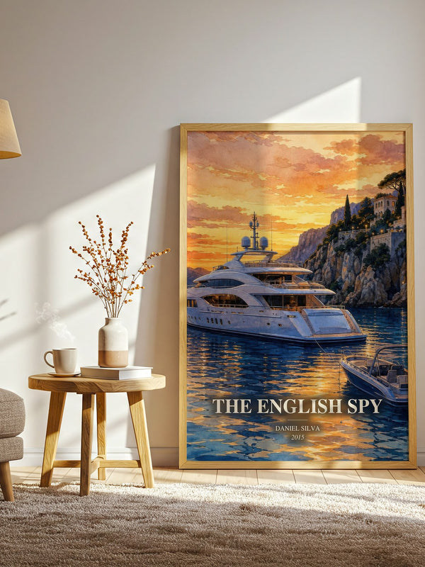 The English Spy watercolour print in frame leaning in hallway – thriller wall art