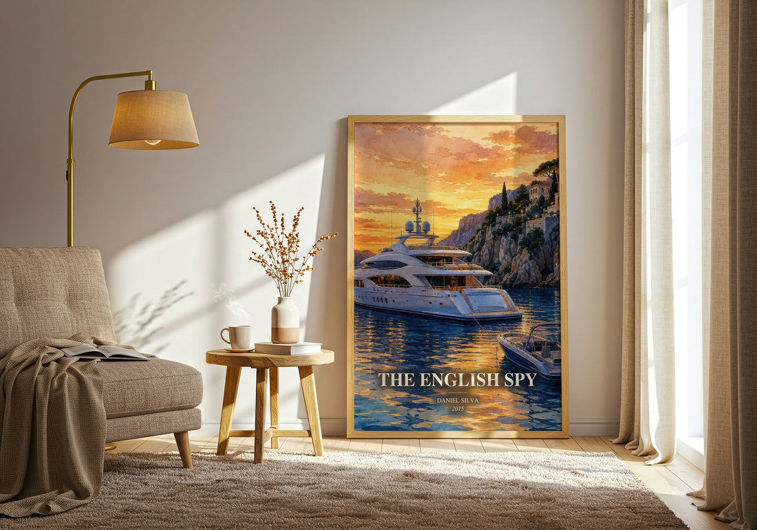 The English Spy watercolour print in frame leaning in hallway – thriller wall art (mockup)