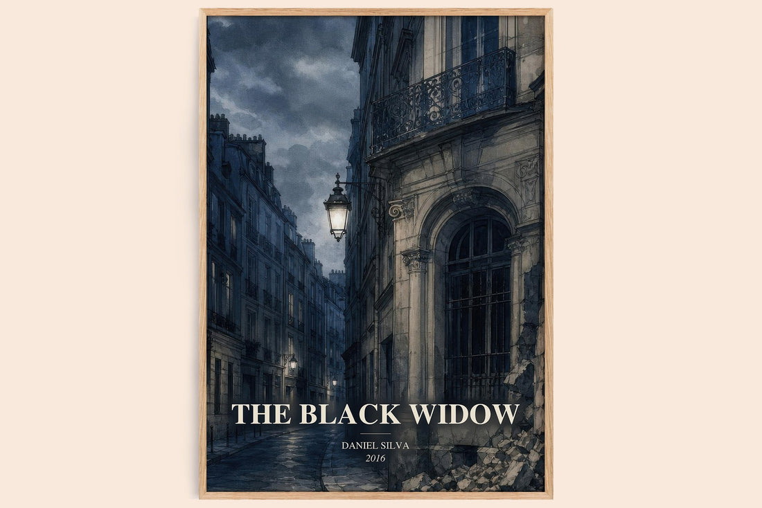 The Black Widow watercolour book poster by Daniel Silva – framed literary art print