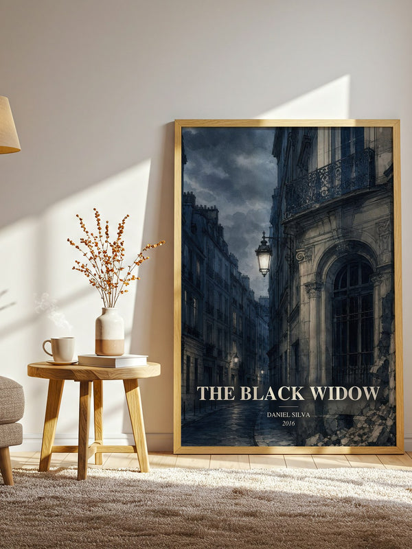 The Black Widow watercolour print in frame leaning in hallway – thriller wall art