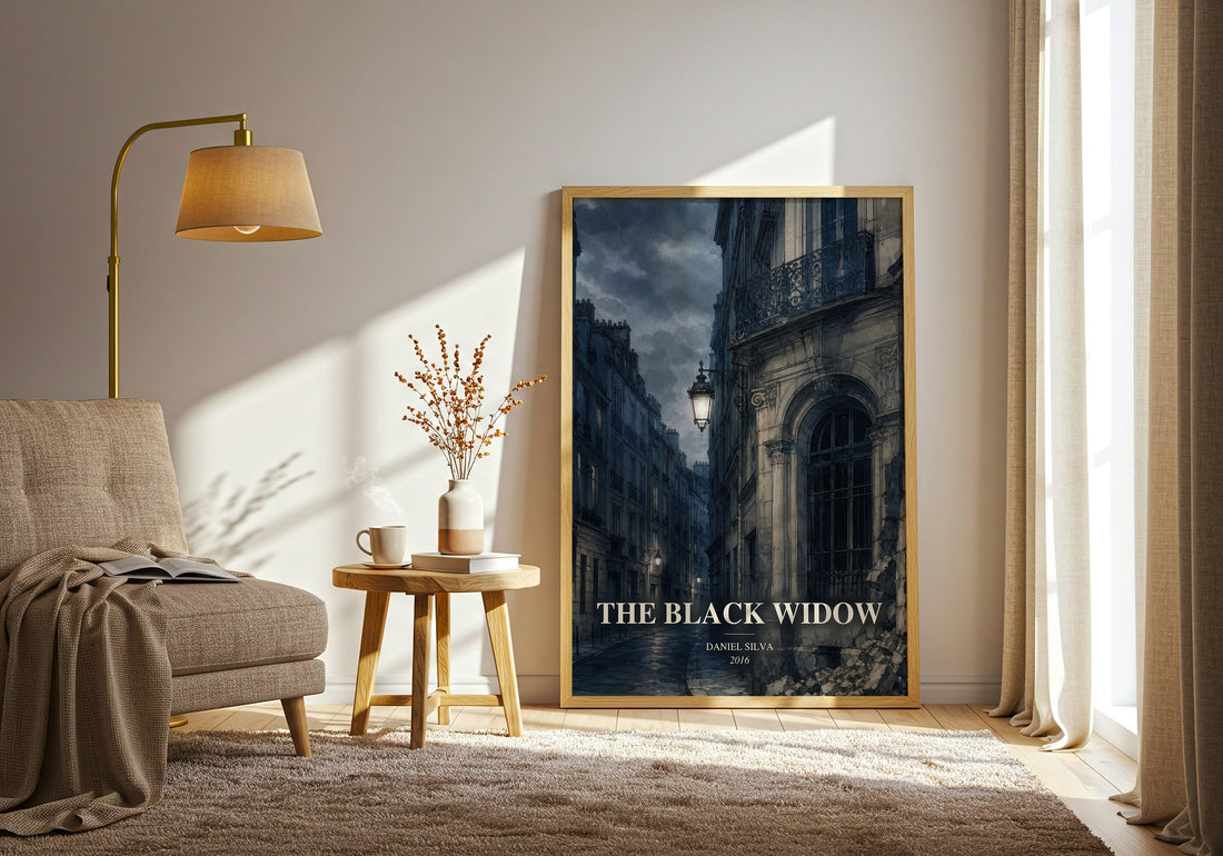 The Black Widow watercolour print in frame leaning in hallway – thriller wall art (mockup)