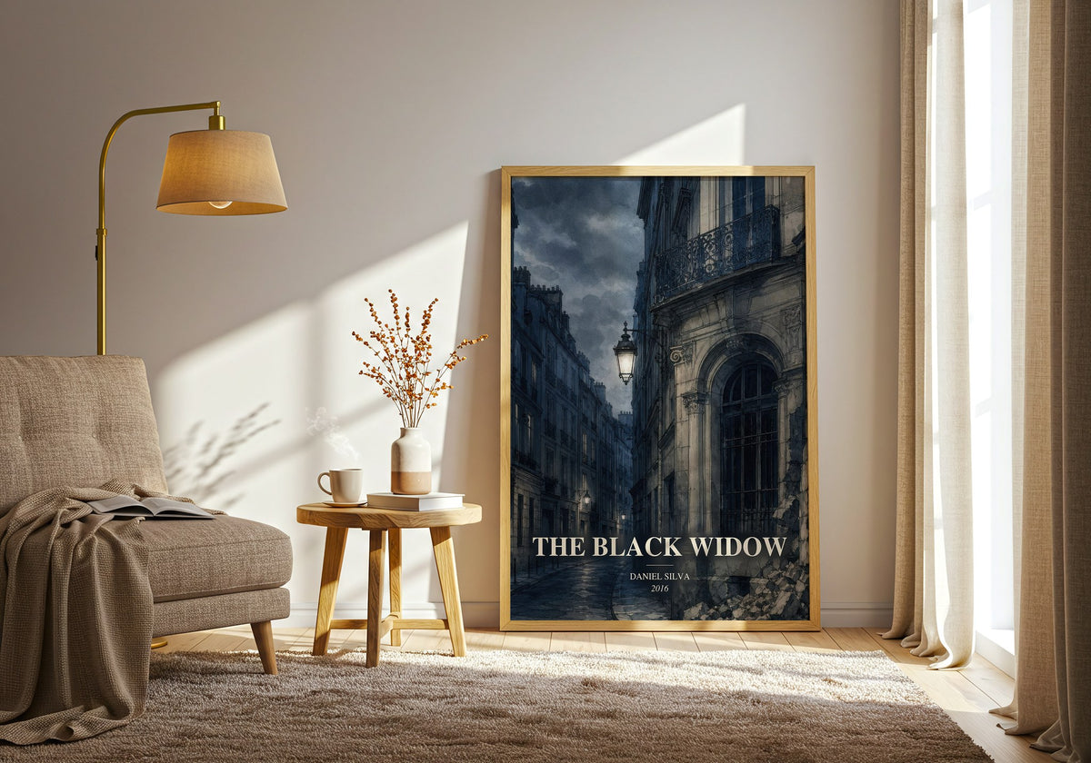 The Black Widow watercolour print in frame leaning in hallway – thriller wall art (mockup)