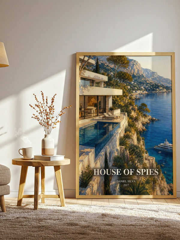 House of Spies watercolour print in frame leaning in hallway – thriller wall art