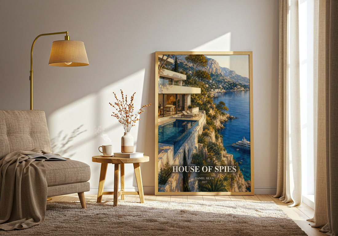 House of Spies watercolour print in frame leaning in hallway – thriller wall art (mockup)