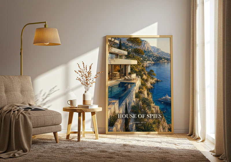 House of Spies watercolour print in frame leaning in hallway – thriller wall art