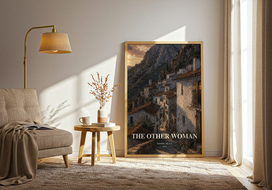 The Other Woman watercolour print in frame leaning in hallway – thriller wall art (mockup)