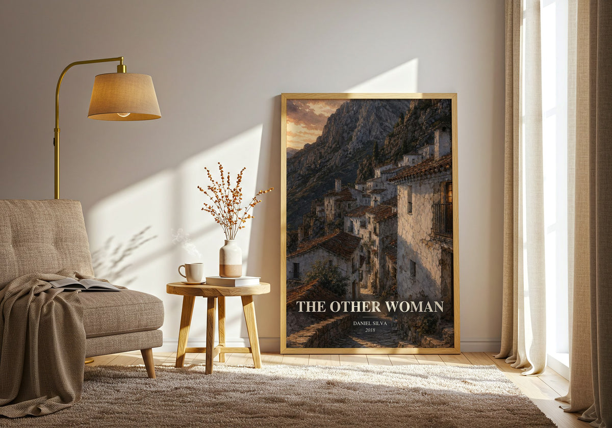 The Other Woman watercolour print in frame leaning in hallway – thriller wall art (mockup)