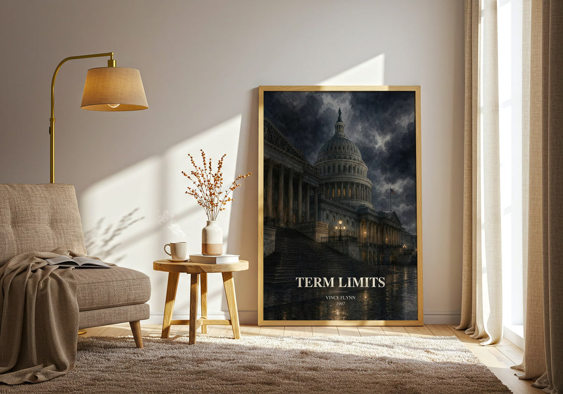 Term Limits watercolour print in frame leaning in hallway – thriller wall art (mockup)