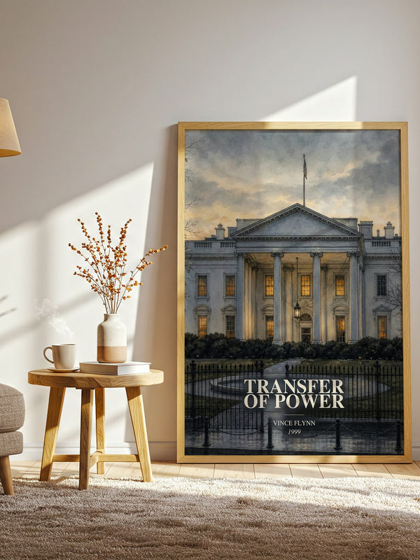 Transfer of Power watercolour print in frame leaning in hallway – thriller wall art