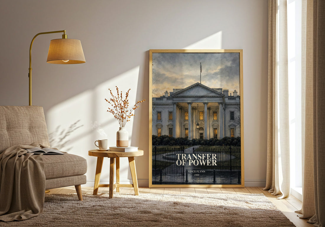 Transfer of Power watercolour print in frame leaning in hallway – thriller wall art (mockup)