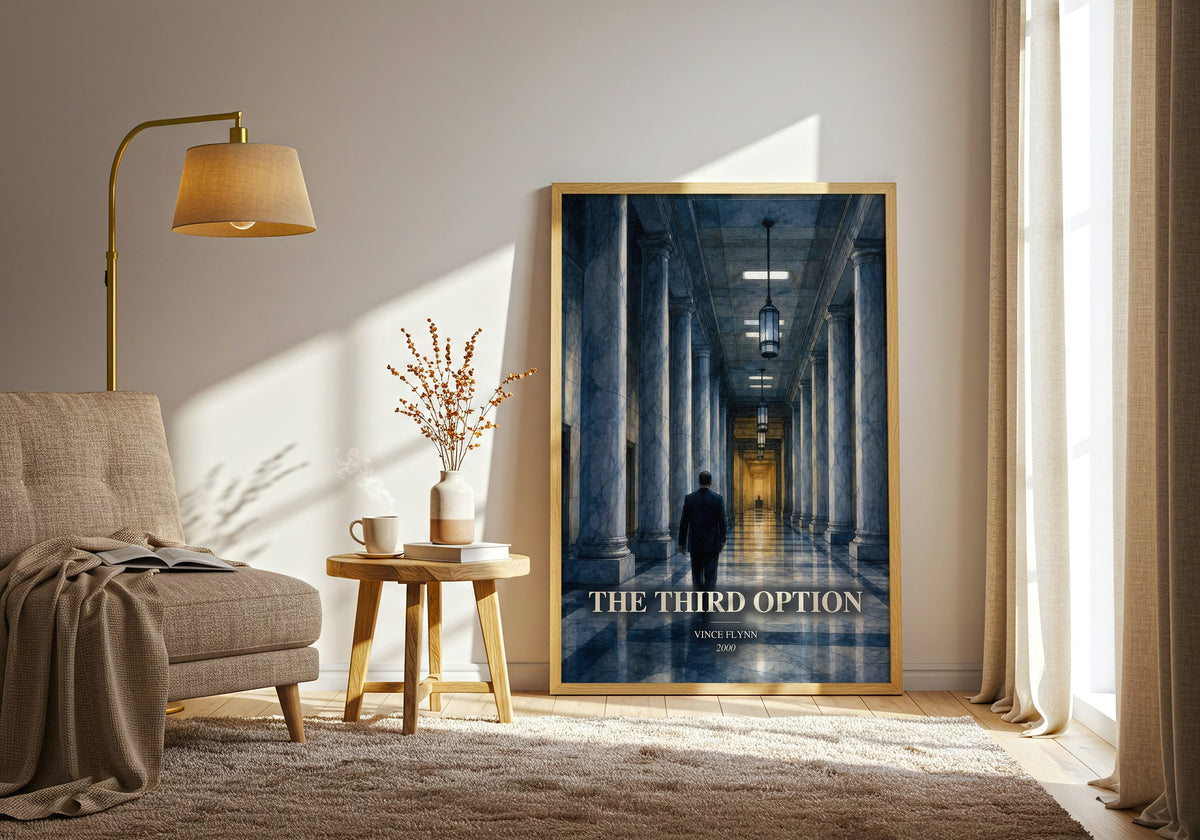 The Third Option watercolour print in frame leaning in hallway – thriller wall art (mockup)