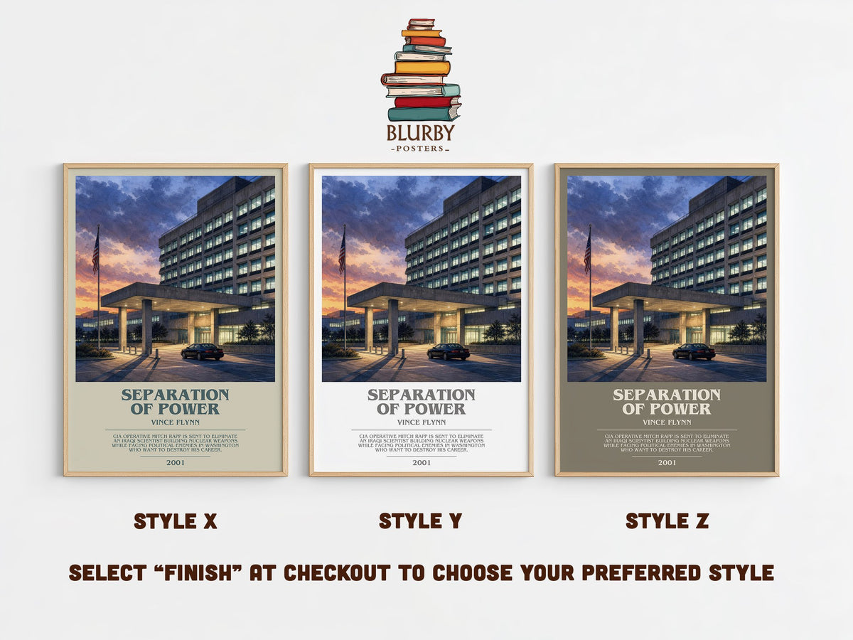 Separation of Power bookish print in frame leaning in hallway – thriller wall art (mockup)