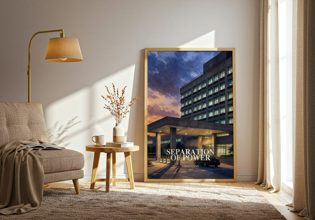 Separation of Power watercolour print in frame leaning in hallway – thriller wall art (mockup)