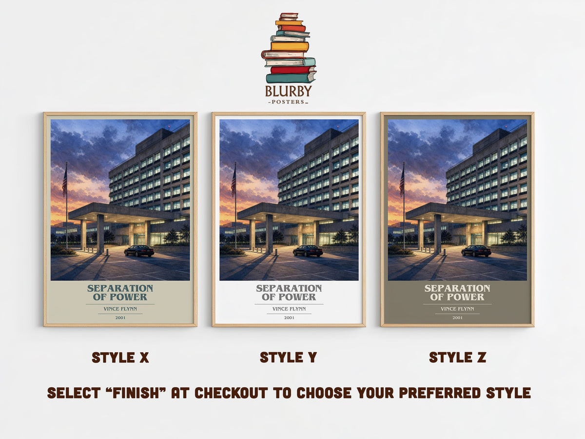 Separation of Power book cover print in frame leaning in hallway – thriller wall art (mockup)