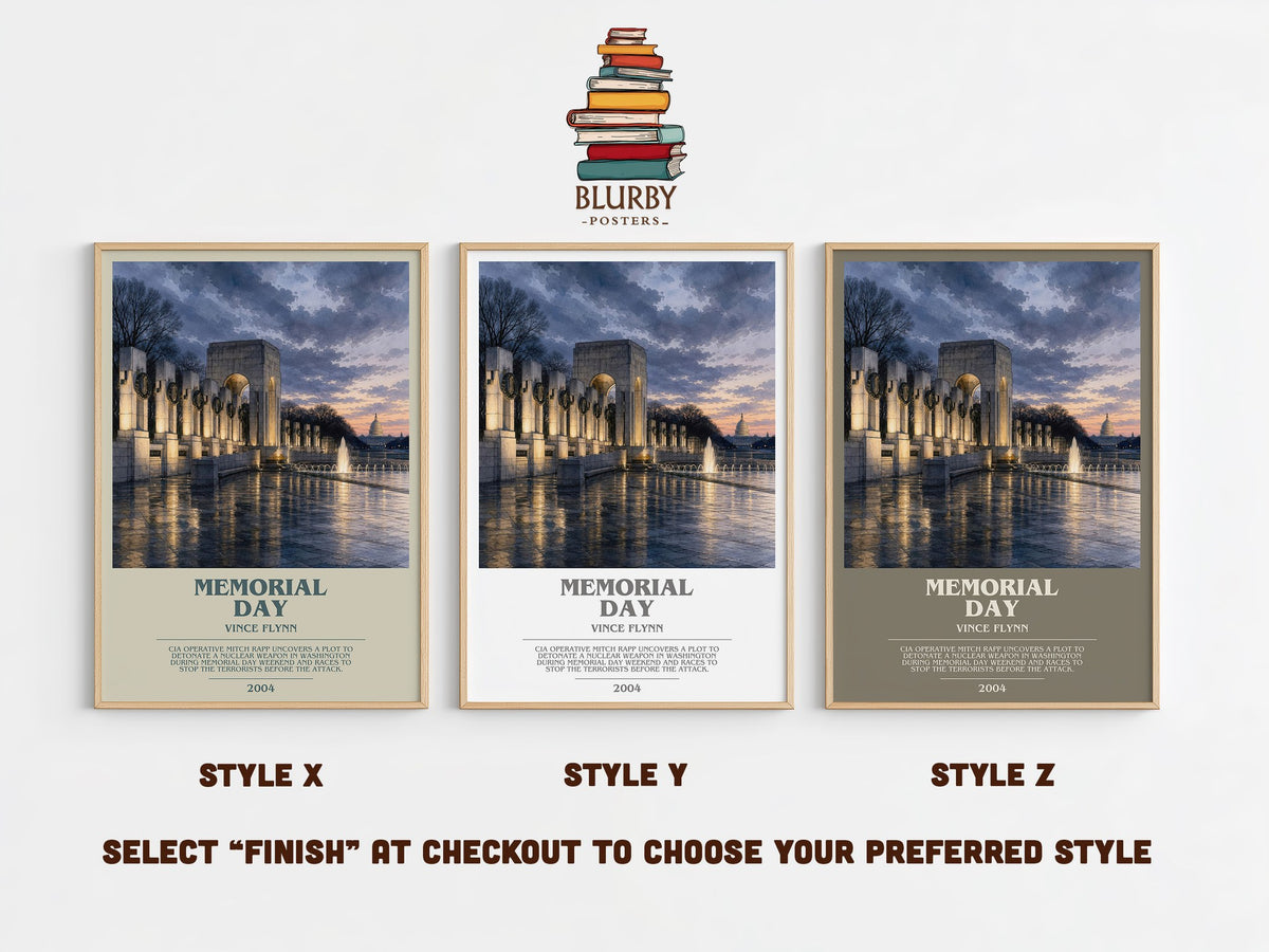 Memorial Day bookish print in frame leaning in hallway – thriller wall art (mockup)