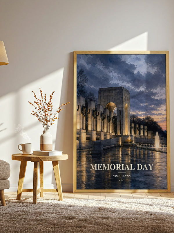 Memorial Day watercolour print in frame leaning in hallway – thriller wall art