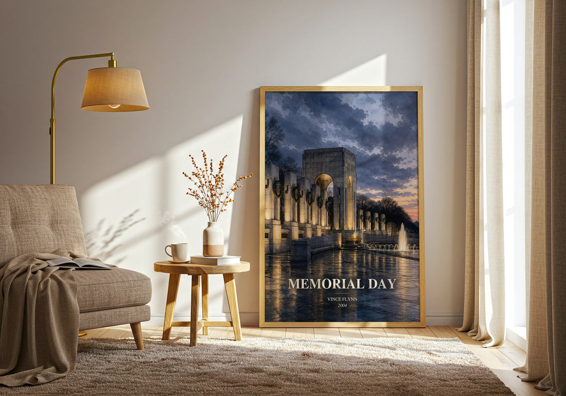 Memorial Day watercolour print in frame leaning in hallway – thriller wall art (mockup)