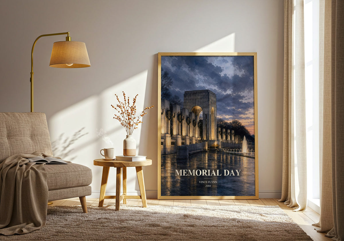 Memorial Day watercolour print in frame leaning in hallway – thriller wall art (mockup)