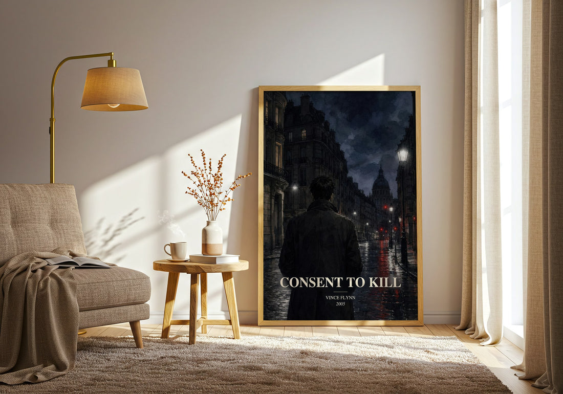 Consent to Kill watercolour print in frame leaning in hallway – thriller wall art (mockup)