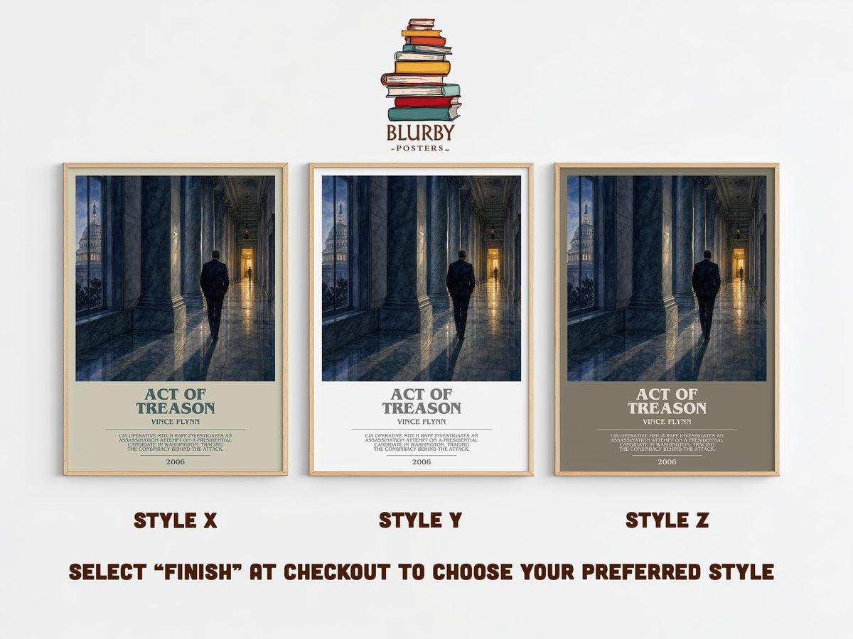 Act of Treason bookish print in frame leaning in hallway – thriller wall art (mockup)