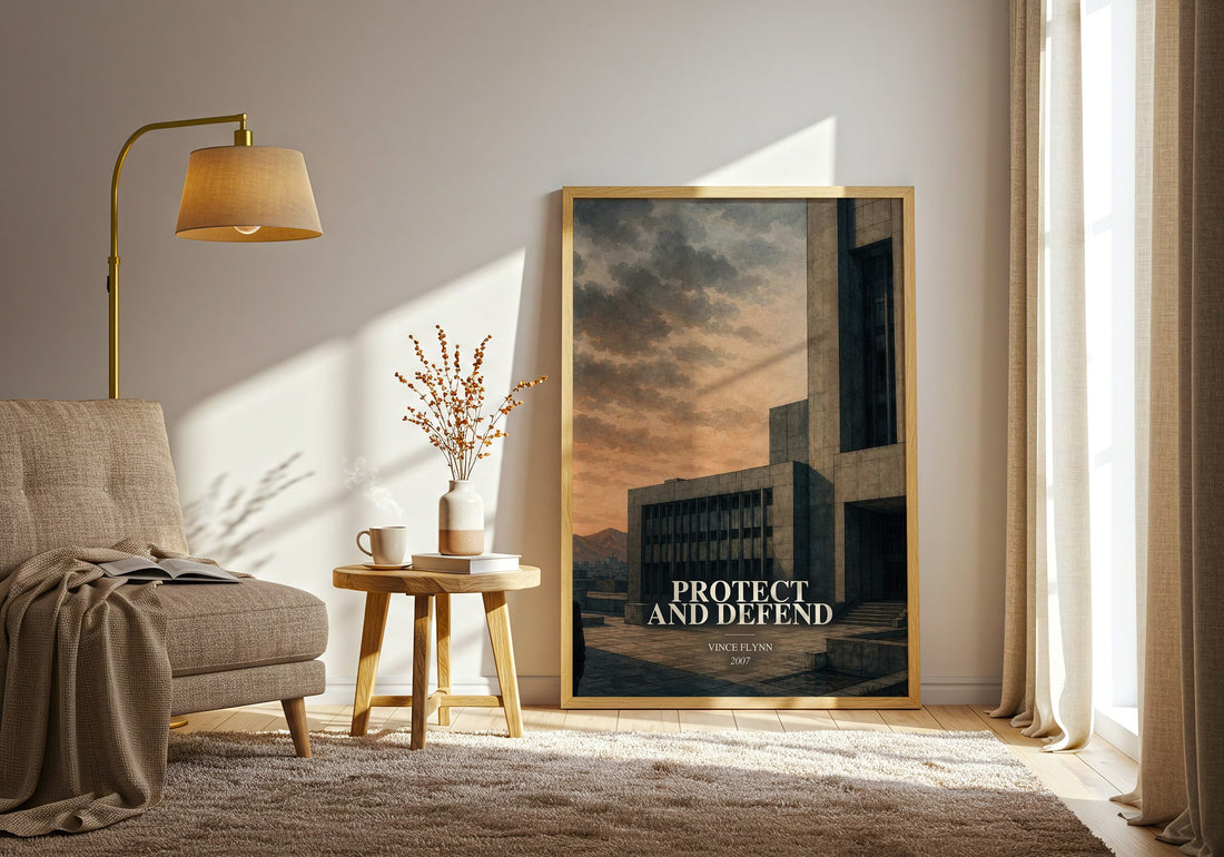 Protect and Defend watercolour print in frame leaning in hallway – thriller wall art (mockup)