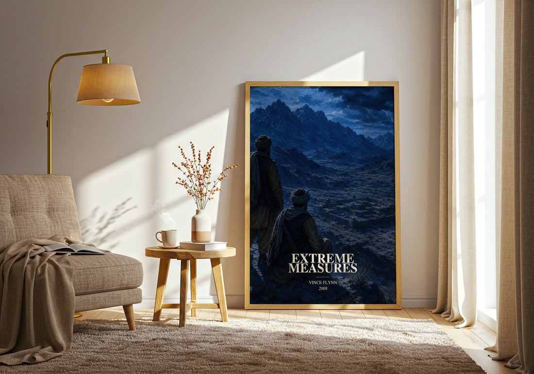 Extreme Measures watercolour print in frame leaning in hallway – thriller wall art (mockup)