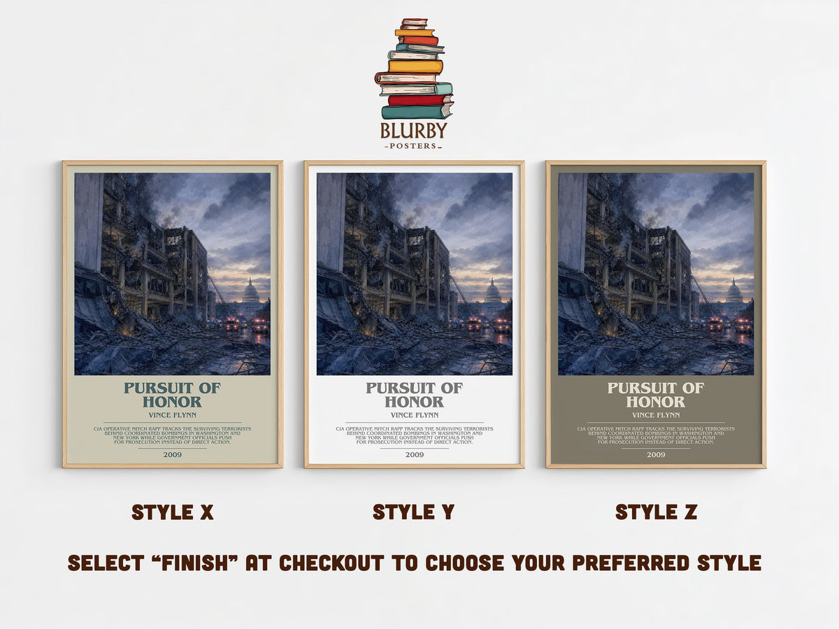 Pursuit of Honor bookish print in frame leaning in hallway – thriller wall art (mockup)