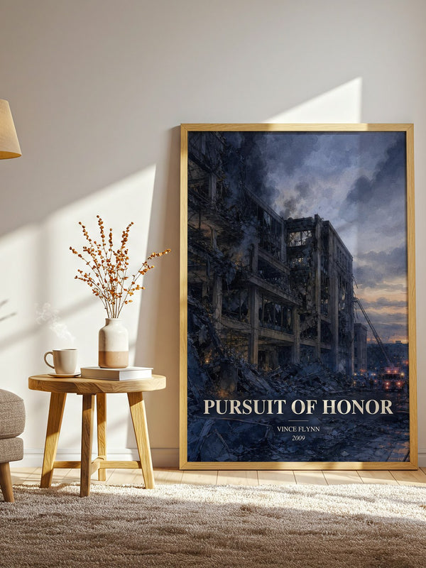 Pursuit of Honor watercolour print in frame leaning in hallway – thriller wall art
