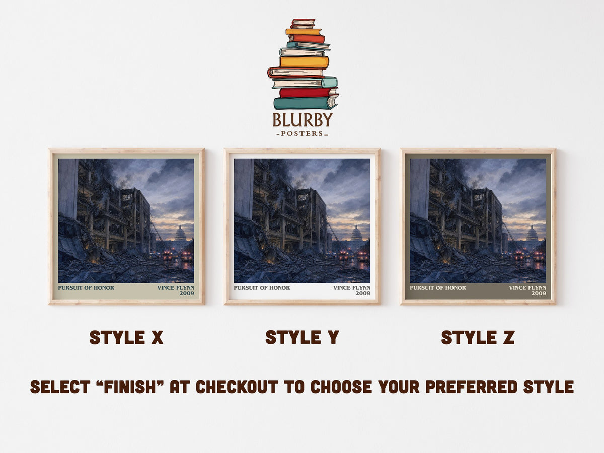 Pursuit of Honor literary print in frame leaning in hallway – thriller wall art (mockup)