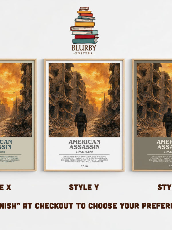 American Assassin bookish print in frame leaning in hallway – thriller wall art