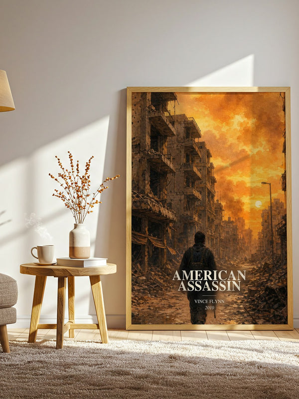American Assassin watercolour print in frame leaning in hallway – thriller wall art