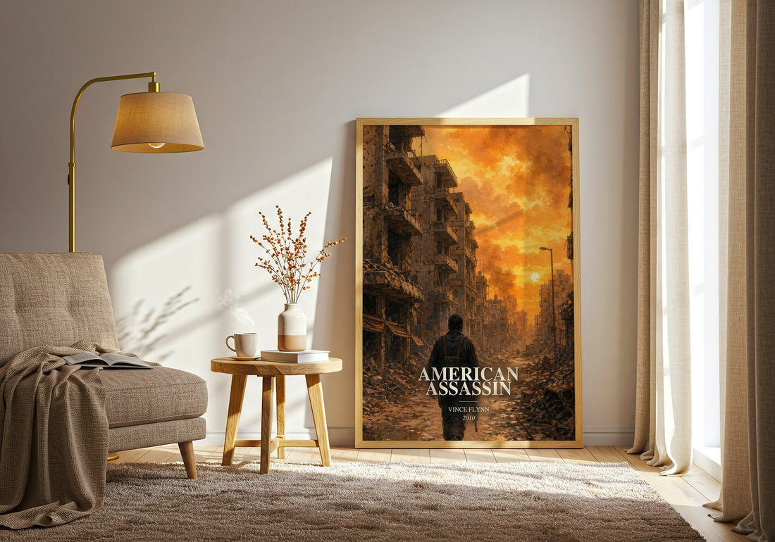 American Assassin watercolour print in frame leaning in hallway – thriller wall art (mockup)