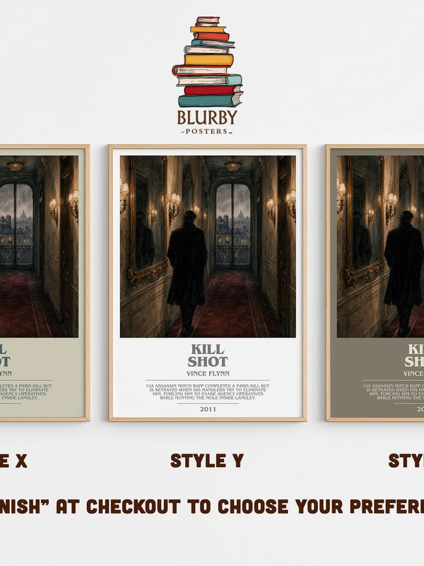 Kill Shot bookish print in frame leaning in hallway – thriller wall art