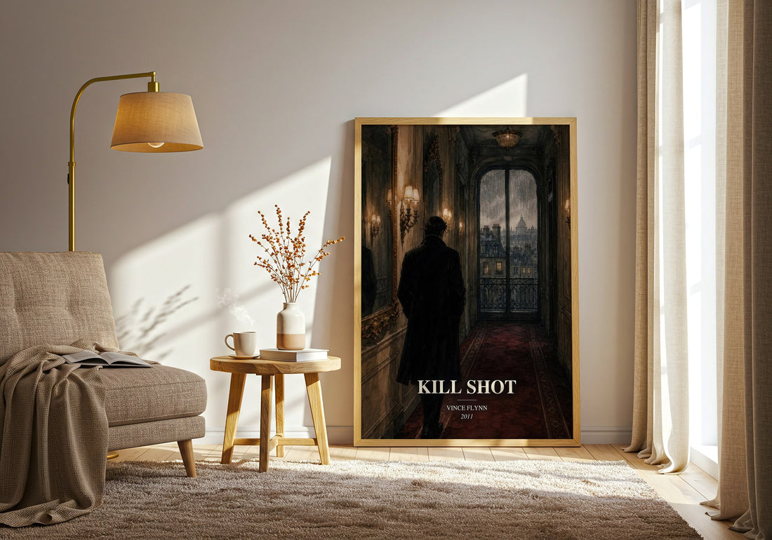 Kill Shot watercolour print in frame leaning in hallway – thriller wall art (mockup)