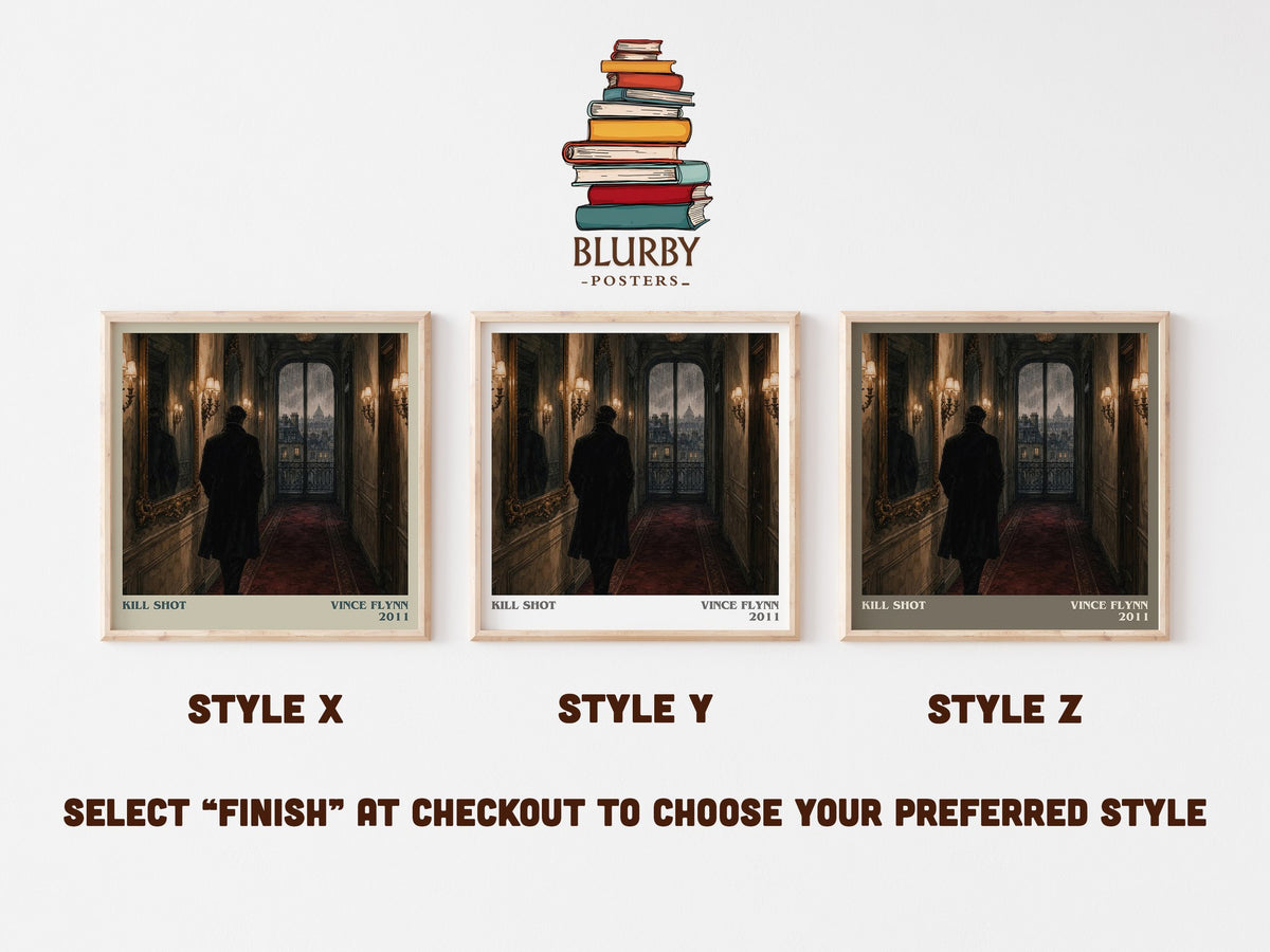 Kill Shot literary print in frame leaning in hallway – thriller wall art (mockup)