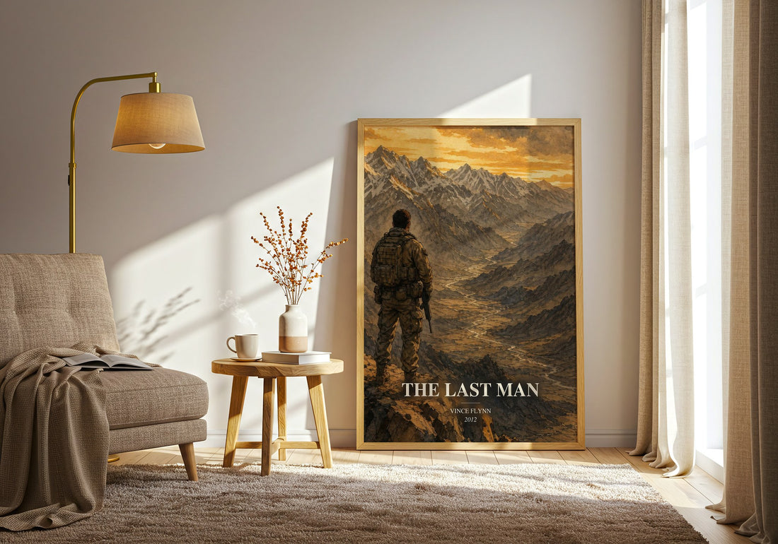 The Last Man watercolour print in frame leaning in hallway – thriller wall art (mockup)
