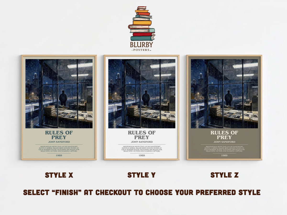 Rules of Prey bookish print in frame leaning in hallway – crime wall art (mockup)