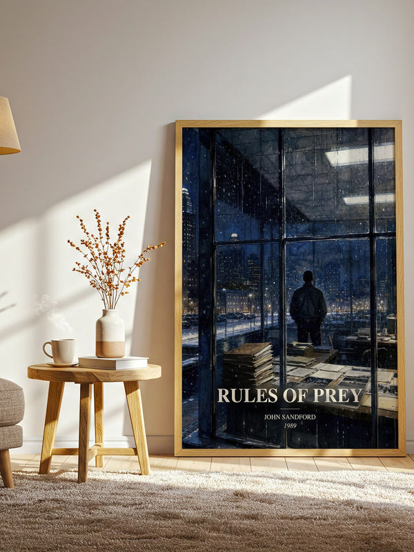 Rules of Prey watercolour print in frame leaning in hallway – crime wall art