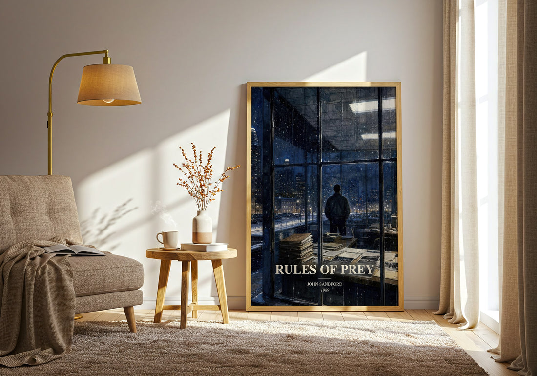 Rules of Prey watercolour print in frame leaning in hallway – crime wall art (mockup)