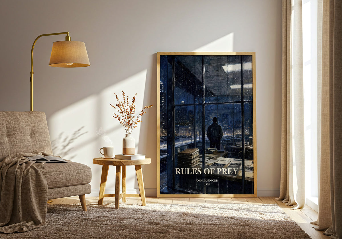 Rules of Prey watercolour print in frame leaning in hallway – crime wall art (mockup)