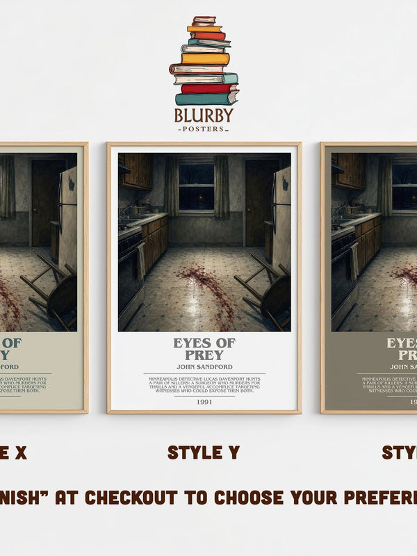 Eyes of Prey bookish print in frame leaning in hallway – crime wall art