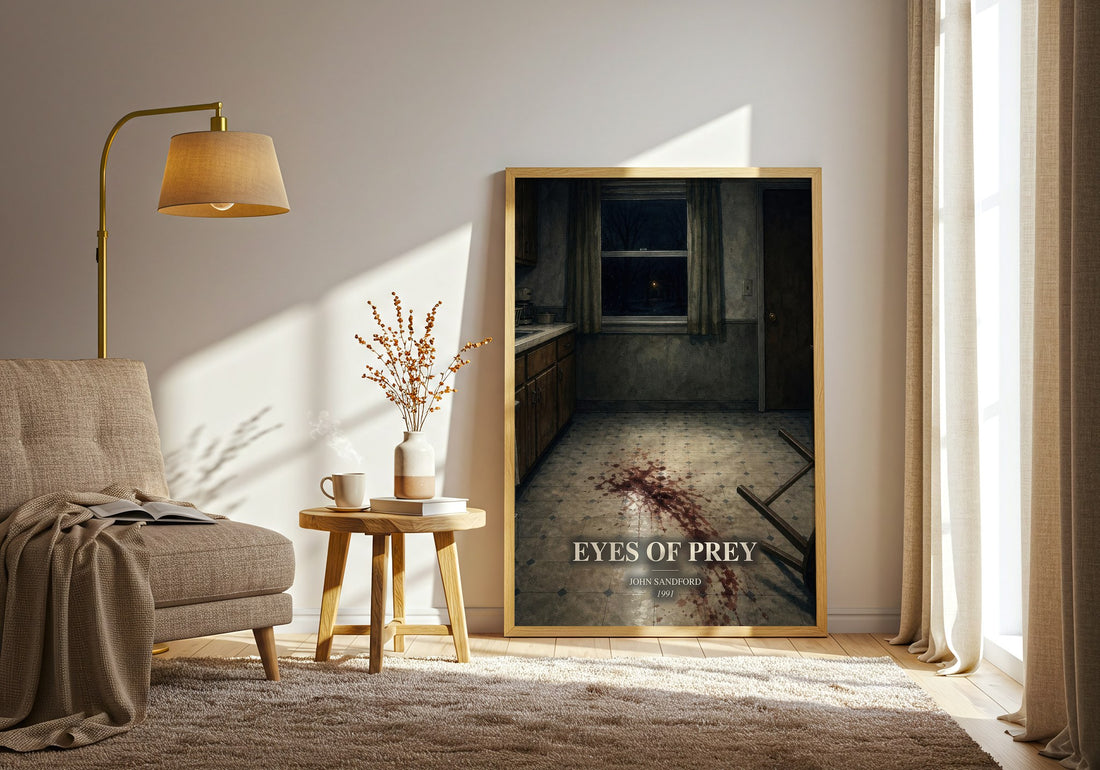 Eyes of Prey watercolour print in frame leaning in hallway – crime wall art (mockup)