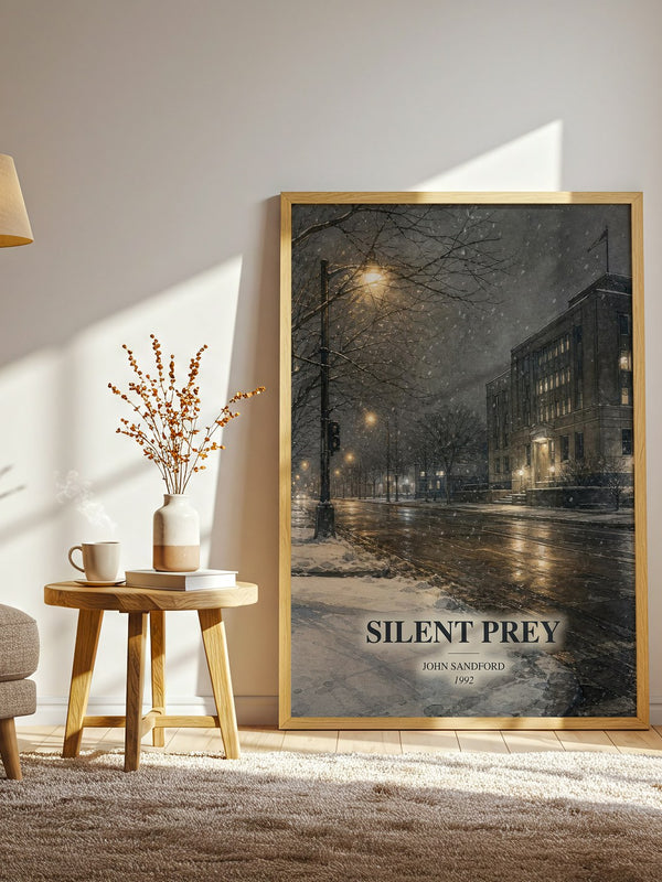 Silent Prey watercolour print in frame leaning in hallway – thriller wall art