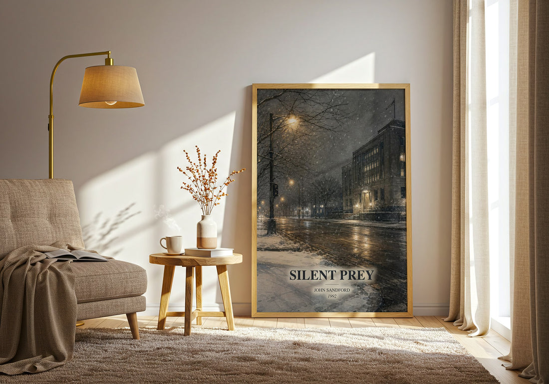 Silent Prey watercolour print in frame leaning in hallway – thriller wall art (mockup)