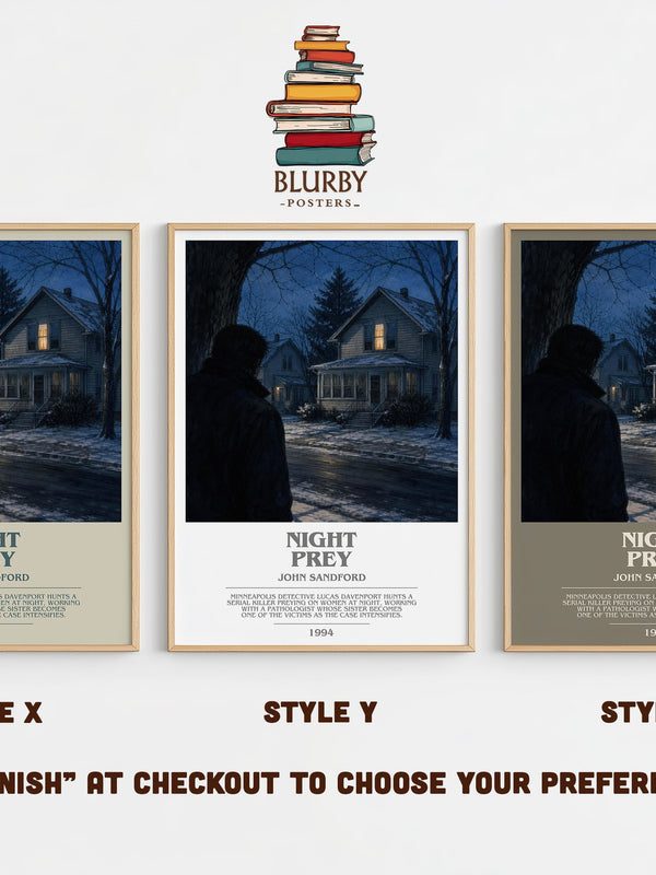 Night Prey bookish print in frame leaning in hallway – crime wall art