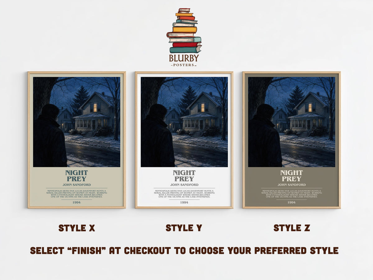 Night Prey bookish print in frame leaning in hallway – crime wall art (mockup)