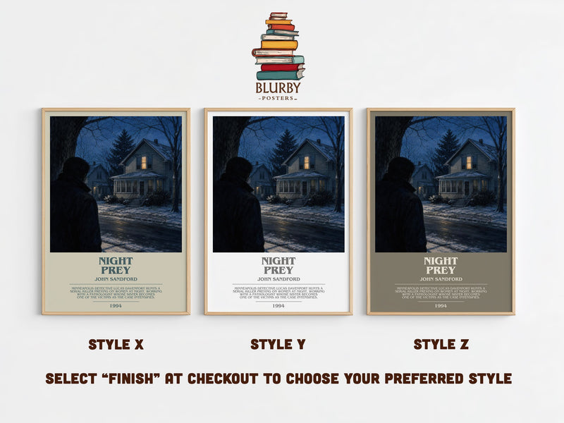 Night Prey bookish print in frame leaning in hallway – crime wall art