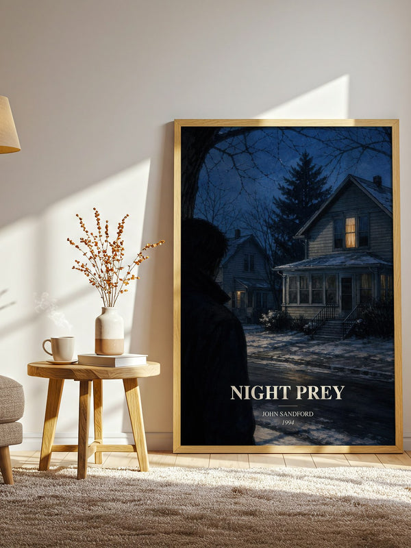 Night Prey watercolour print in frame leaning in hallway – crime wall art